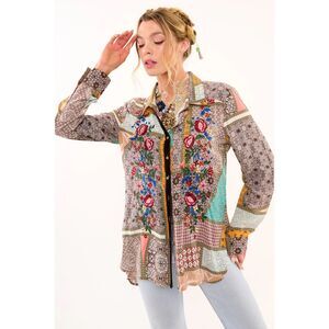 Aratta Women's Luna Embroidered Patched Paisley Button Down Shirt Brown XS NWT